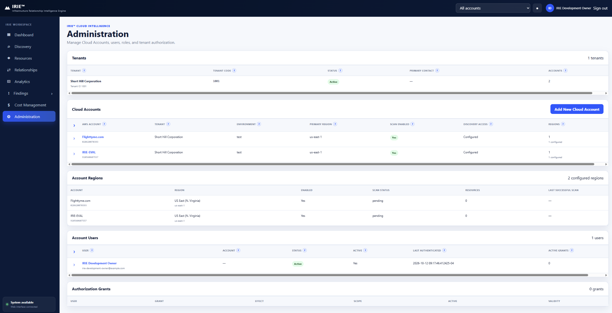 IRIE Administration page showing cloud account and region authorization